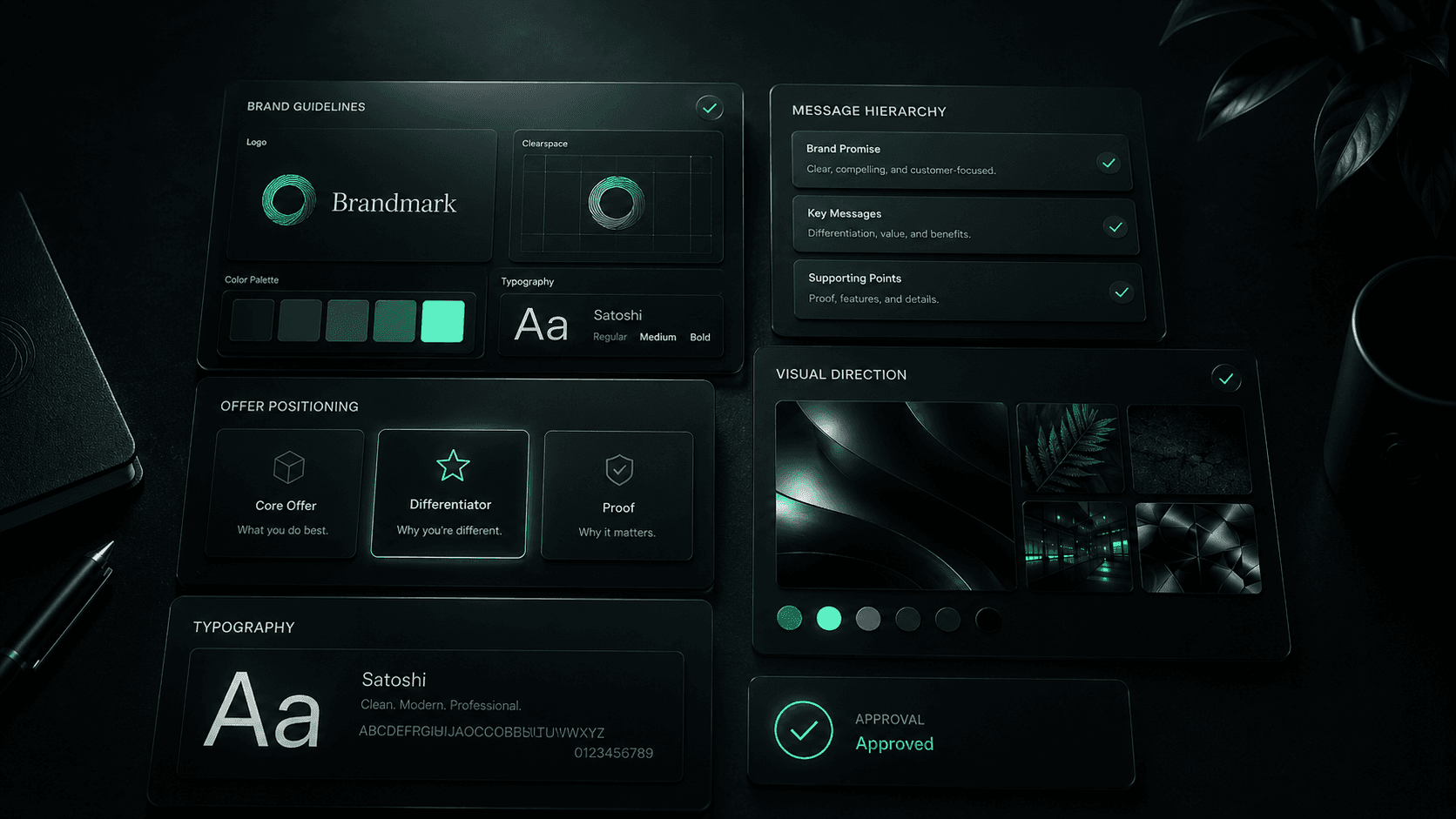 Dark brand guidelines dashboard with logo, colour palette, typography, and approved message hierarchy panels.