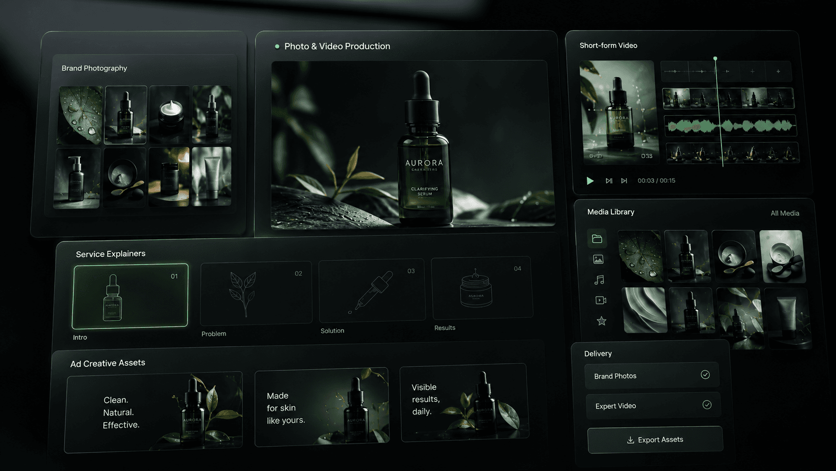 Photo and video production dashboard with product photography, short-form video timeline, media library, and ad creative assets.